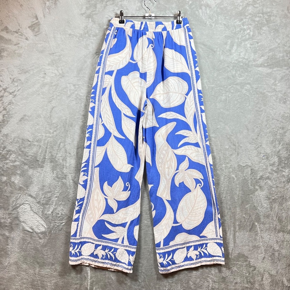 Rachel Zoe Pants Women's XS Wide Leg Linen Blend Crop Blue White Floral Pull On - Picture 2 of 11